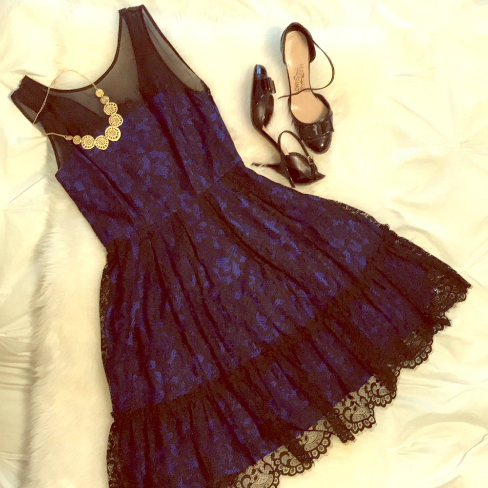Anthropologie blue and black lace cocktail dress
